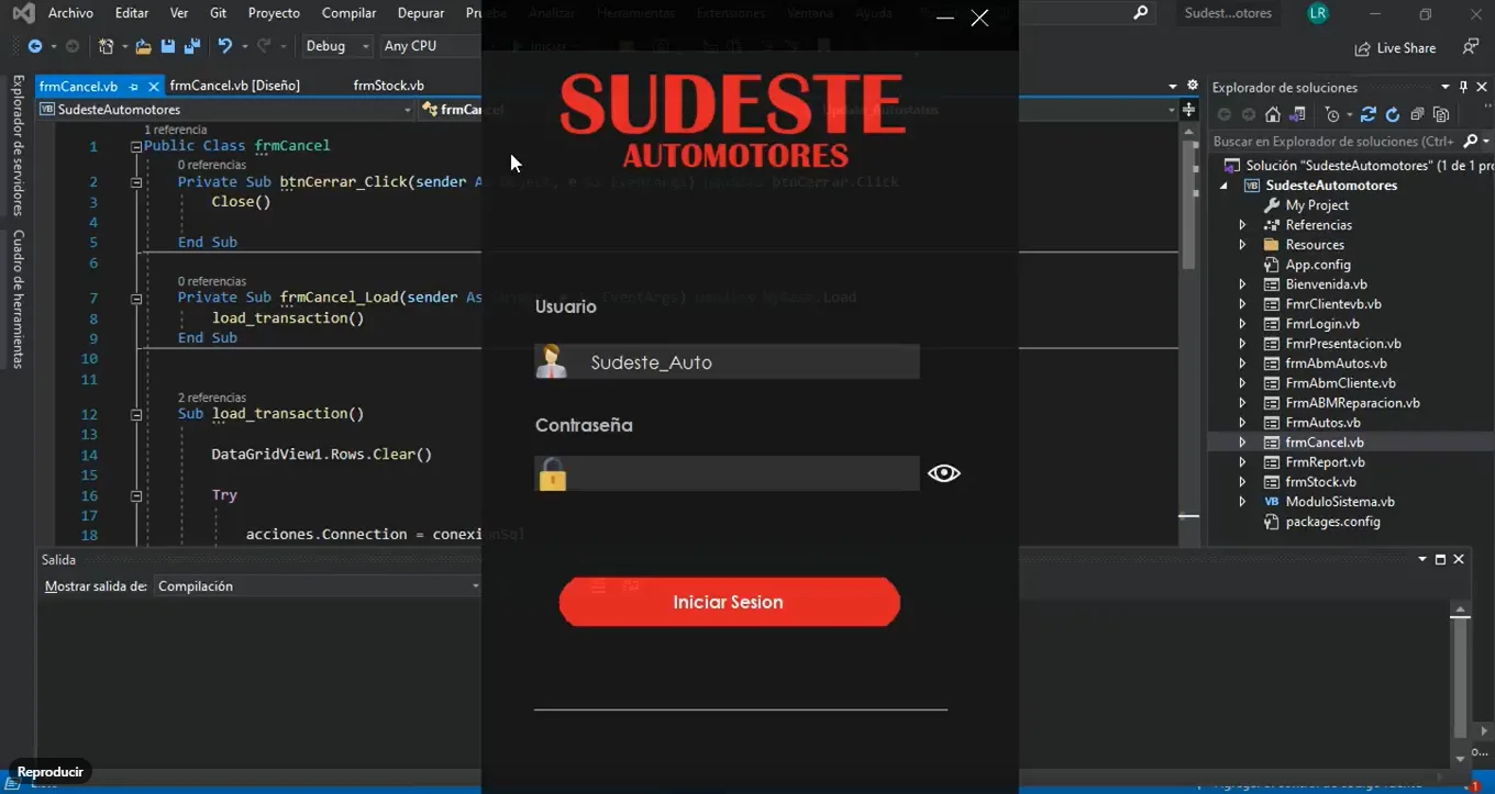 Pantalla de login del sistema