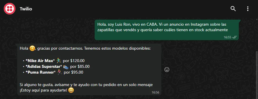 Ejemplo de interacción con el bot